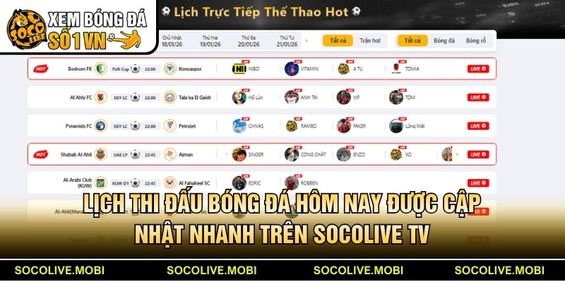 Lịch thi đấu bóng đá hôm nay được cập nhật nhanh nhất trên Socolive